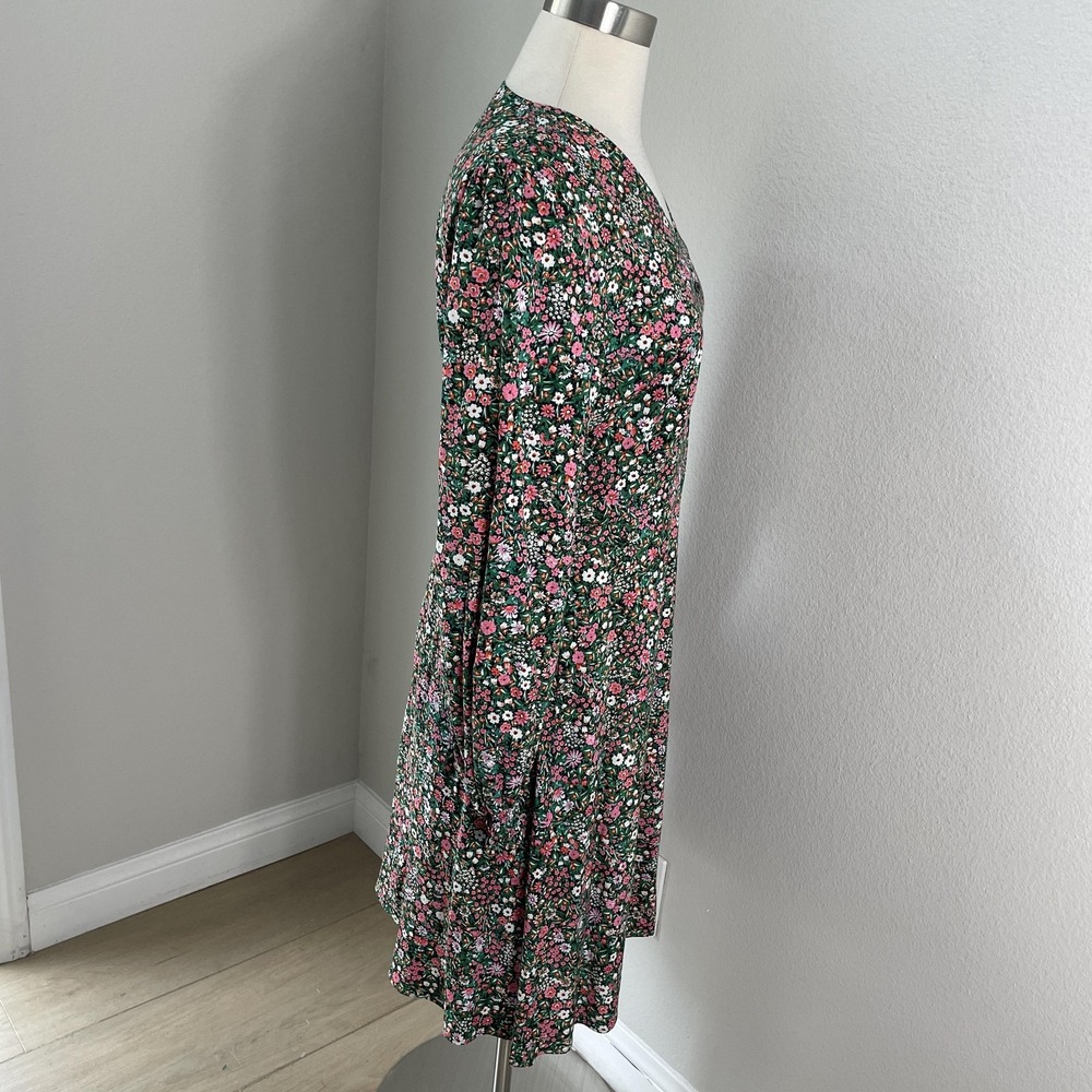 Uniqlo Dress Womens Small Green Floral V Neck Fit Flare Long Sleeve Pockets - Picture 8 of 11